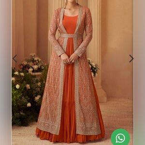 Rust Orange Embroidered Chinnon Silk Anarkali Set